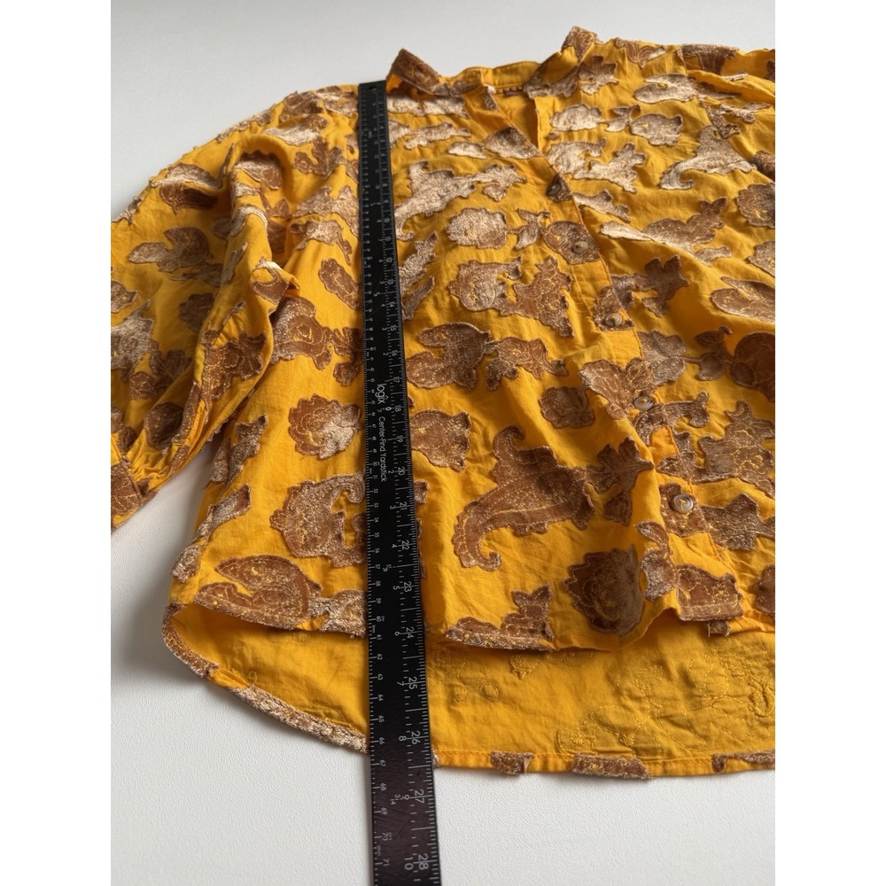 Pilcro Anthropologie Mustard Cotton Velvet Textured Floral Button Up Blouse L - Picture 5 of 8